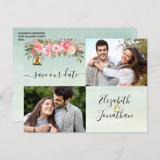 Foto Rose Gold Korallen Blumengrün Ankündigungspostkarte (Vorne/Hinten)