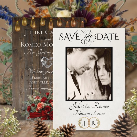 Foto, Rosen & Blatt-Monogramm - Rot Save The Date