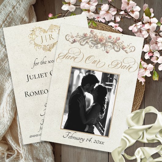 Foto, Rosen & Monogramm - Creme Save The Date