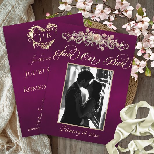 Foto, Rosen & Monogramm - Pflaume Save The Date