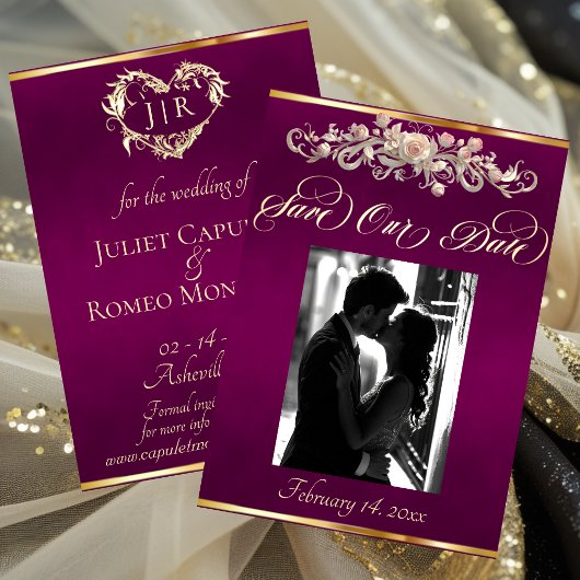 Foto, Rosen & Monogramm - Pflaume Save The Date