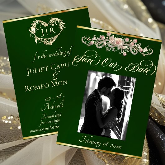 Foto, Rosen & Monogramm - Smaragdgrün Save The Date