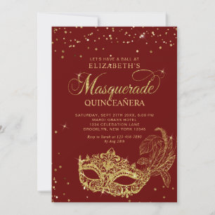 Foto Rot Gold Glitter Maskerade Quinceañera Einladung
