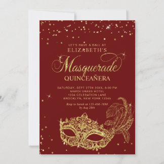 Foto Rot Gold Glitter Maskerade Quinceañera Einladung