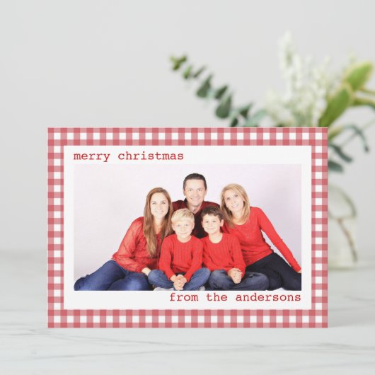 Foto Rot und Weiß Gingham Frohe Weihnachten (Stehend Vorderseite)