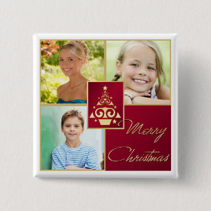 Foto Rot, Weiß, Gold Weihnachtsbaum Button