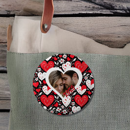 Foto "Rotes, Schwarzes und Weiß Herz und Blume" Button