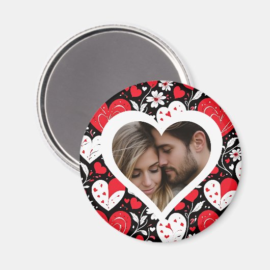 Foto "Rotes, Schwarzes und Weiß Herz und Blume" Magnet (Vorderseite/Rückseite)