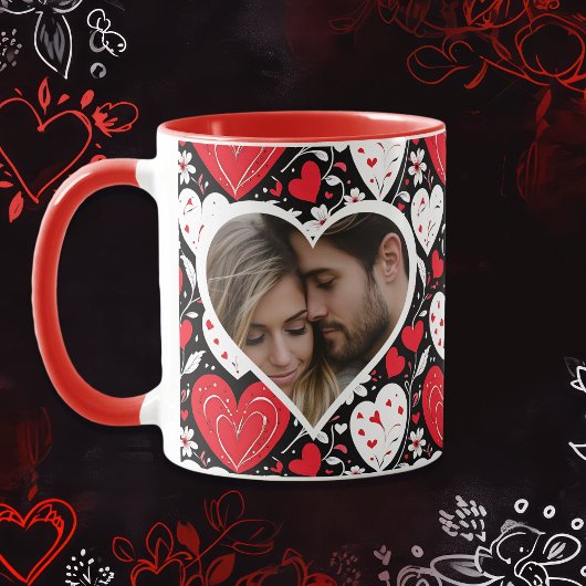 Foto "Rotes, Schwarzes und Weiß Herz und Blume" Tasse