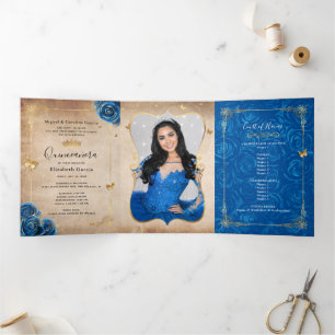 Foto Royal Blue Rose Gold Quinceanera Dreifach Gefaltete Einladung