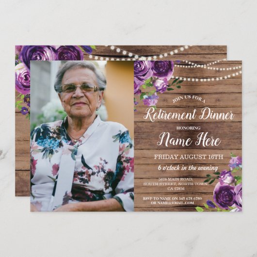 Foto-Ruhestands-Party ziehen sich lila hölzerne Einladung (Vorne/Hinten)