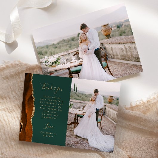Foto Rust Agate Green Gold Script Hochzeit Dankeskarte