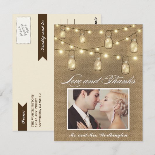 Foto Rustic Burlap Mason Jar Danke Postkarten (Vorne/Hinten)