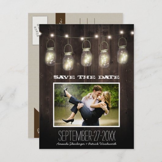 Foto Rustic Country Mason Jar speichern Datum Kart Ankündigungspostkarte (Vorne/Hinten)