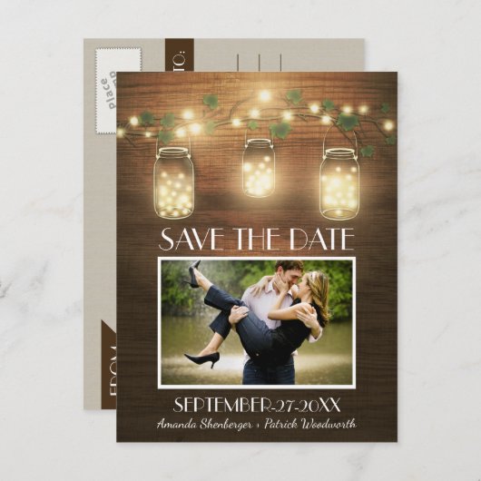 Foto Rustic Mason Jar Save the Date Postkarten (Vorne/Hinten)