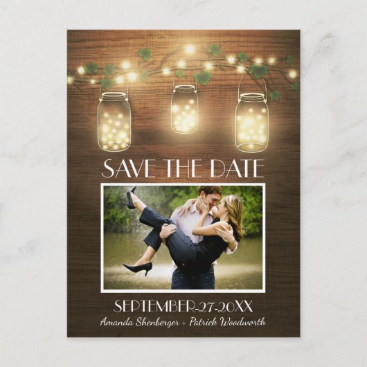 Foto Rustic Mason Jar Save the Date Postkarten (Vorderseite)
