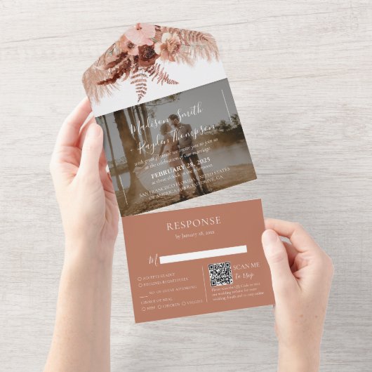 Foto Rustic QR Code Boho Terracotta Wedding All In One Einladung (Abreißtisch)