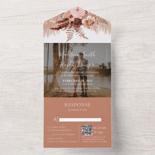 Foto Rustic QR Code Boho Terracotta Wedding All In One Einladung (Innen)
