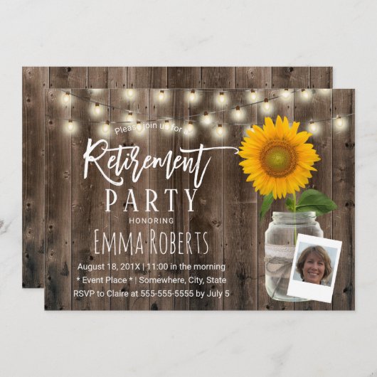 Foto Rustic Sonnenblume Mason Jar Wood Einladung (Vorne/Hinten)