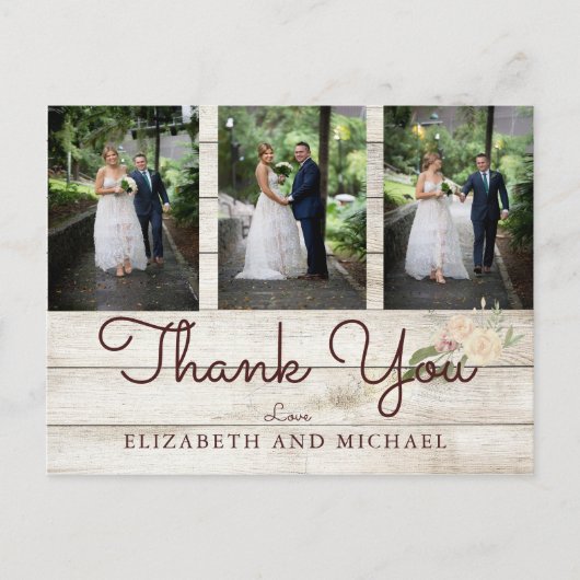 Foto Rustic Wood Floral Wedding Modern Vielen Dank Postkarte (Vorderseite)