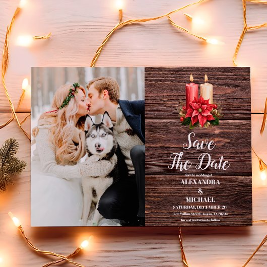 Foto Rustic Wood Poinsettia Weihnachtsfeier Save The Date