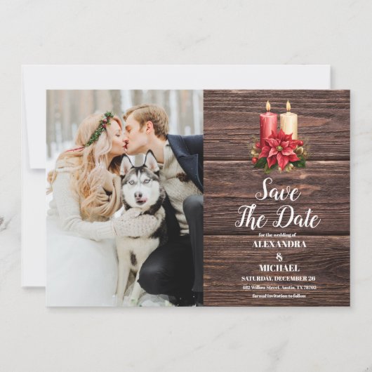 Foto Rustic Wood Poinsettia Weihnachtsfeier Save The Date (Vorderseite)