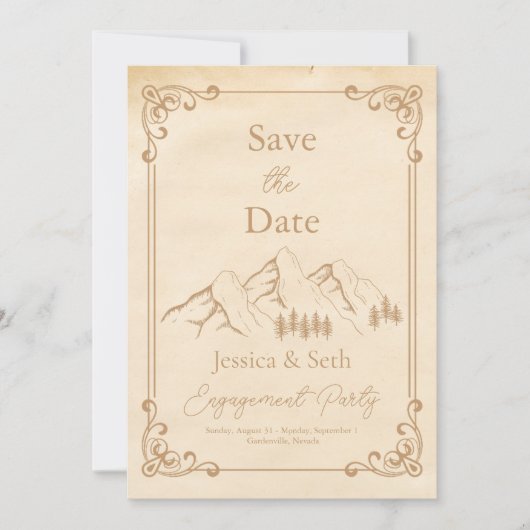 Foto Rustic Woods Mountain Sketch Verlobung Save The Date (Vorderseite)