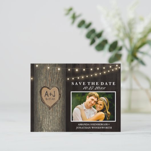 Foto Rustikaler Eichenbaum speichern die Datumskar Ankündigungspostkarte (Stehend Vorderseite)