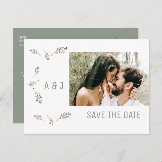 Foto Sage Save the Date Hochzeitswebsite QR Code Ankündigungspostkarte (Vorne/Hinten)