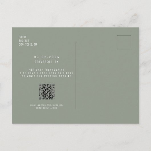 Foto Sage Save the Date Hochzeitswebsite QR Code Ankündigungspostkarte (Rückseite)