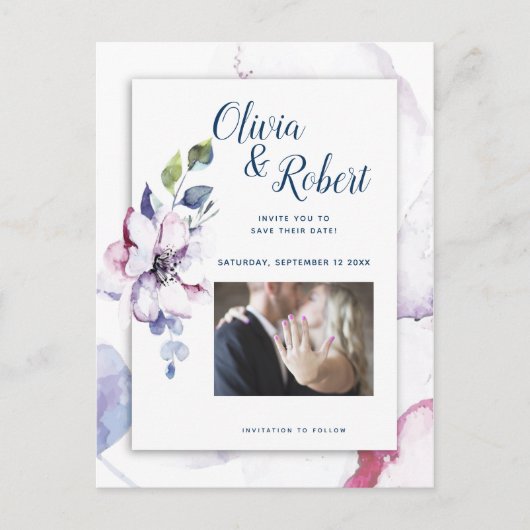 Foto Save the Date Aquarellblüten Postkarte (Vorderseite)