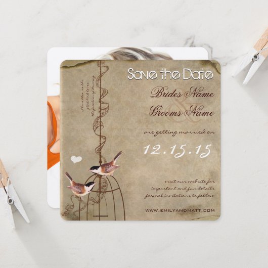 Foto Save the Date auf der Rückseite des Vogelkäfe Einladung (Vorderseite/Rückseite Beispiel)