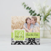 Foto Save the Date Black Damask Initial Green Einladung (Stehend Vorderseite)