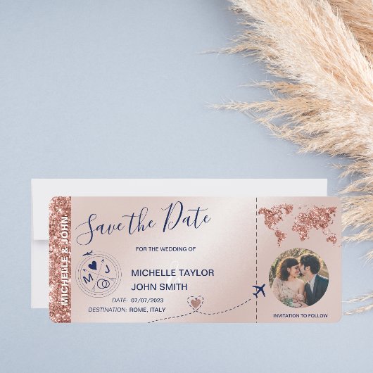 Foto Save the Date Boarding Pass Weltkarte Einladung