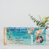 Foto Save the Date Boarding Pass World Map Beach Einladung (Stehend Vorderseite)