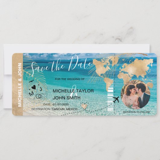 Foto Save the Date Boarding Pass World Map Beach Einladung (Vorderseite)