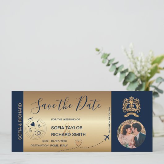 Foto Save the Date Boarding Ticket Gold Einladung (Stehend Vorderseite)