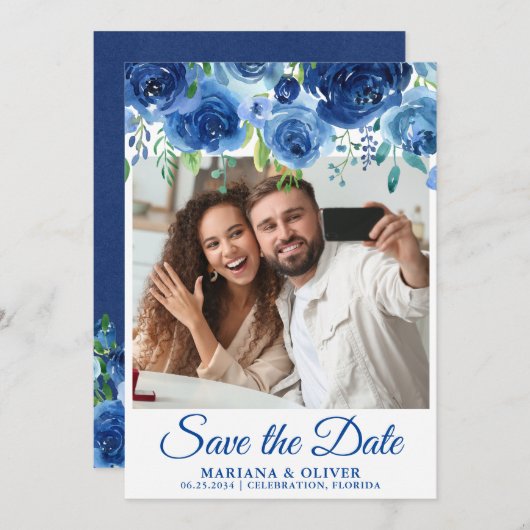 Foto Save the Date Card Navy Blue Floral Einladung (Vorne/Hinten)