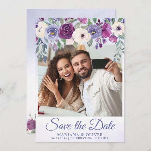 Foto Save the Date Card Periwinkle Fuchsia Floral Einladung (Vorne/Hinten)