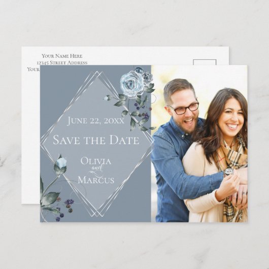Foto Save the Date Dusty Blue Floral Silver Postkarte (Vorne/Hinten)