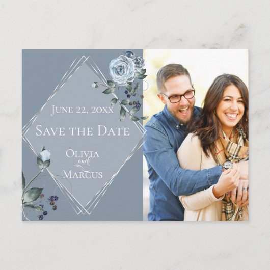 Foto Save the Date Dusty Blue Floral Silver Postkarte (Vorderseite)