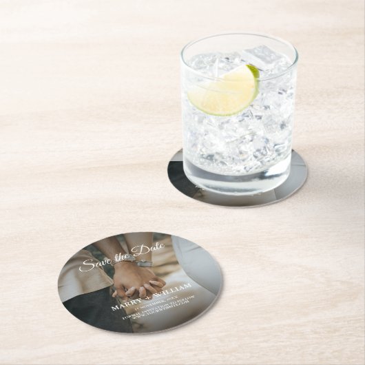 Foto Save the Date Elegante Hochzeit Runder Pappuntersetzer (Vor Ort)