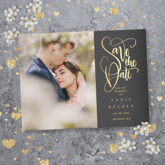 Foto Save the Date Elegantes Gold Script Ankündigungspostkarte