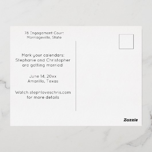 Foto "Save the Date" Foil Text Postkarte (Rückseite)