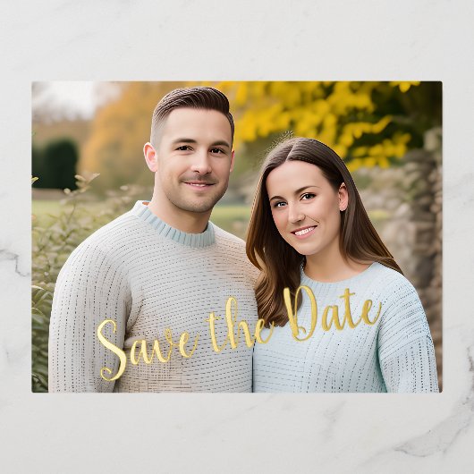 Foto "Save the Date" Foil Text Postkarte (Vorderseite)