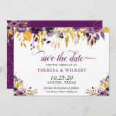 Foto Save the Date Gold Lila Blumenschrift (Vorne/Hinten)