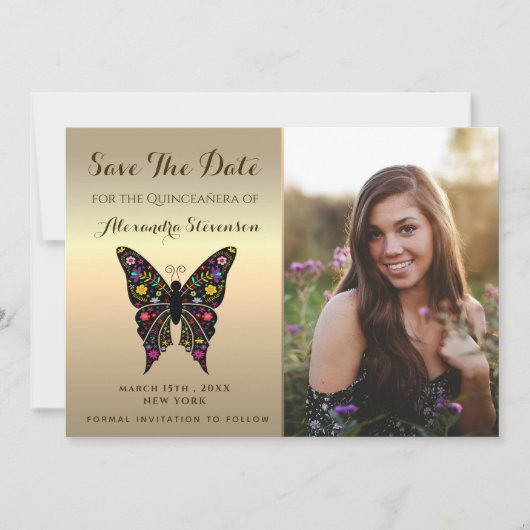 Foto Save the Date Gold Quinceanera Butterfly (Vorderseite)