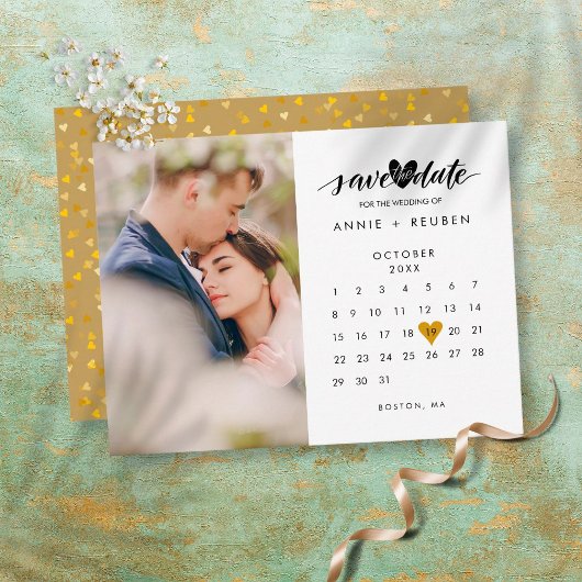 Foto Save the Date Kalender Chic Gold Herz Postkarte
