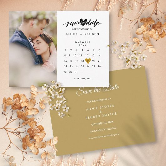 Foto Save the Date Kalender Hochzeit Gold Herz Postkarte
