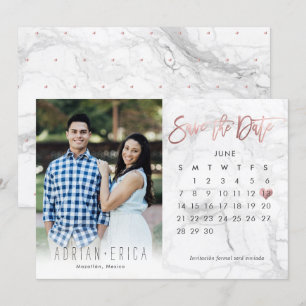 Foto-Save-the-Date-Kalender Marmor-Roségold Einladung